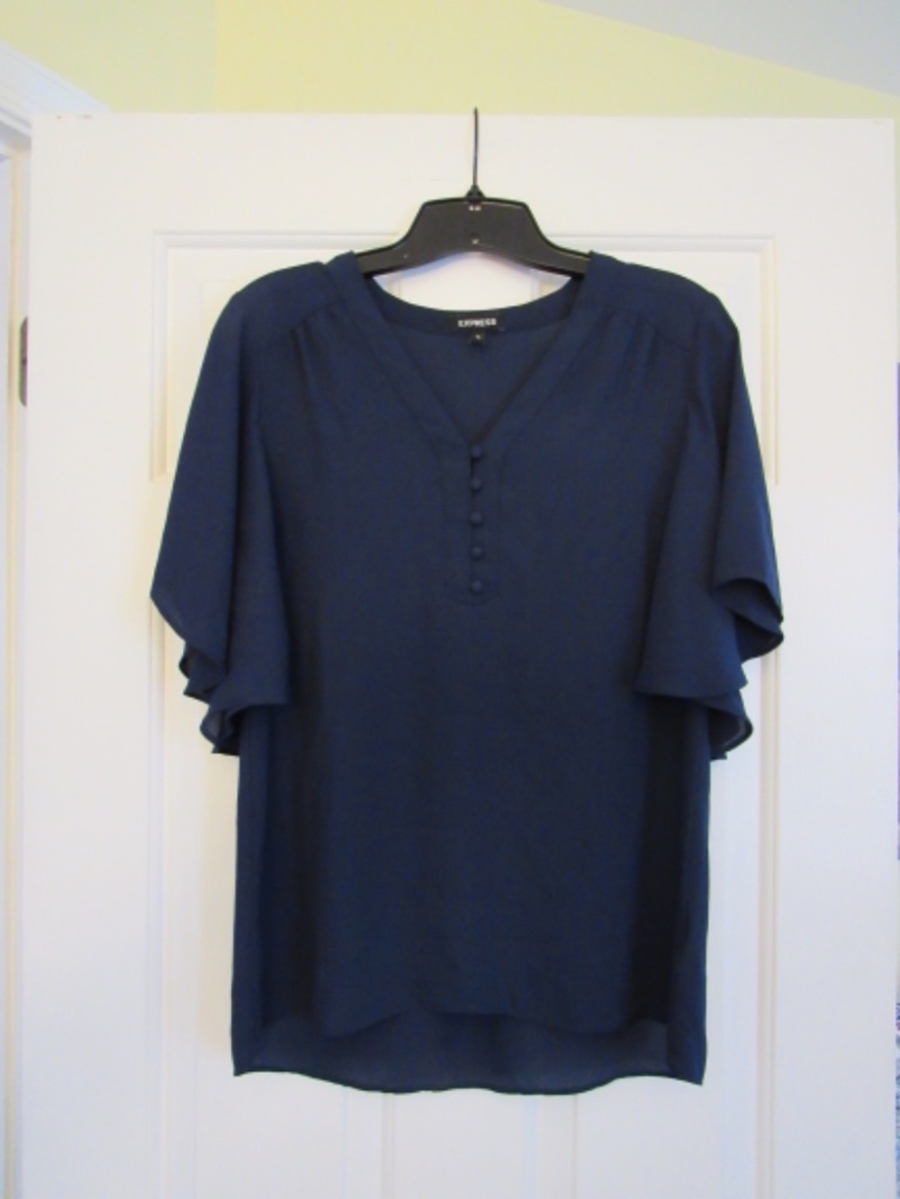 Express Short Sleeve Navy Button Down Flutter Sleeve Blouse